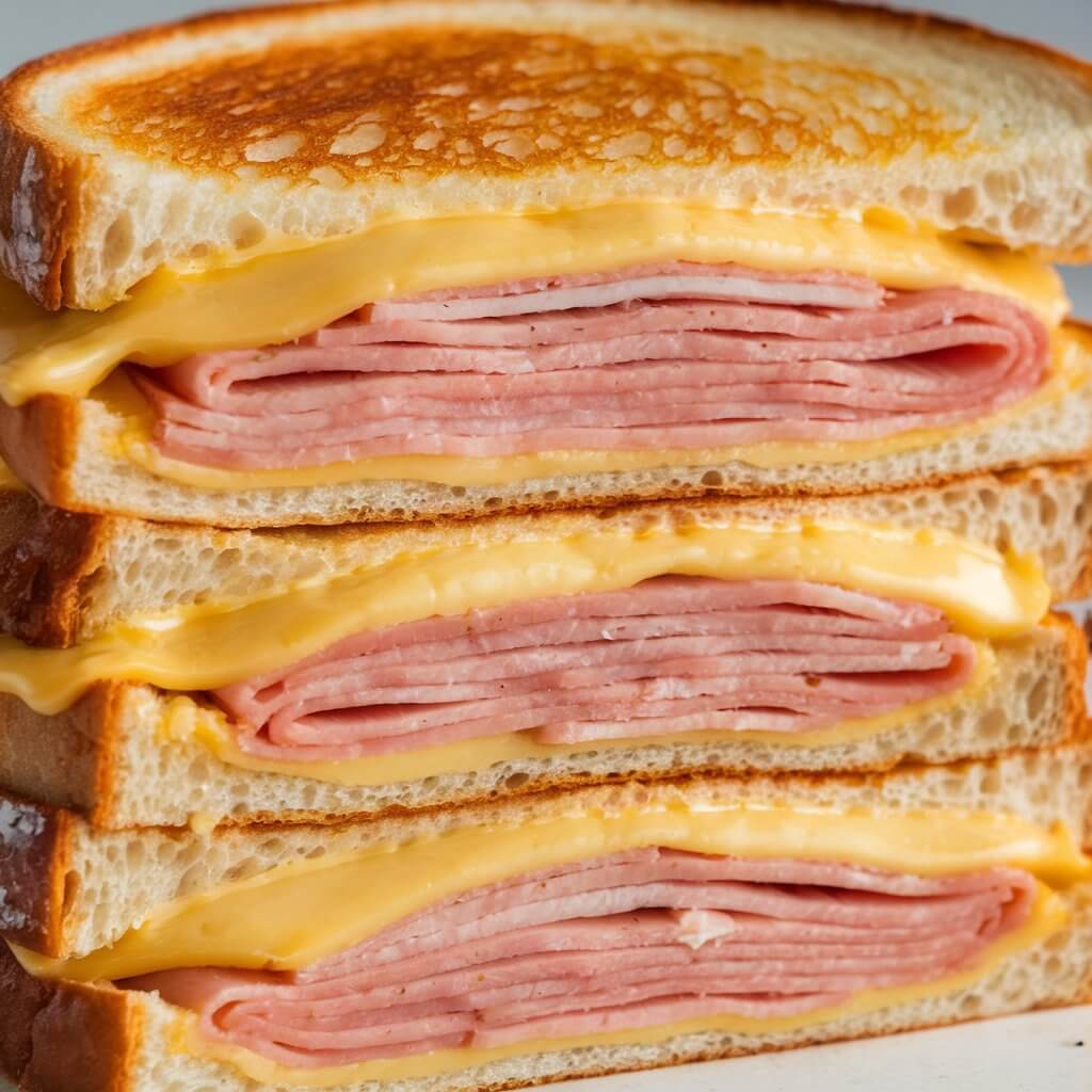 A photo of a stacked ham and cheese grilled cheese sandwich, cut diagonally. The sandwich is filled with layers of savory ham and melted creamy yellow cheddar cheese. The bread is lightly browned, with a shiny, buttery exterior. The ham is layered evenly with the cheese, giving the grilled cheese a hearty and inviting look.