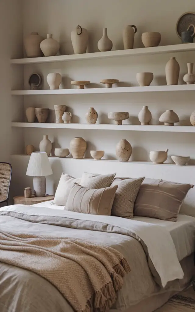 A photo of a minimalist boho bedroom. A cozy bed with layers of soft textiles in muted, natural tones is the centerpiece. The bed is surrounded by handcrafted ceramic pieces, including a collection of uniquely shaped vases, bowls, and decorative mugs. These ceramics are arranged on floating shelves and bedside tables, adding an artisanal vibe. The room has a few essential items, such as a lamp and a chair. The walls are painted in a soft hue.