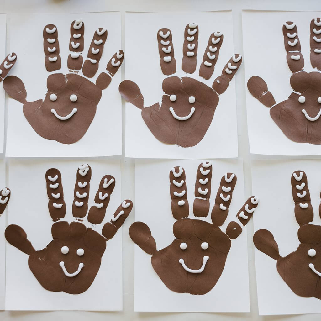 A photo of a brown handprint gingerbread craft displayed on white paper. Each handprint is decorated with white "icing" lines on the fingers and a cheerful face drawn near the palm. The background is clean and white.