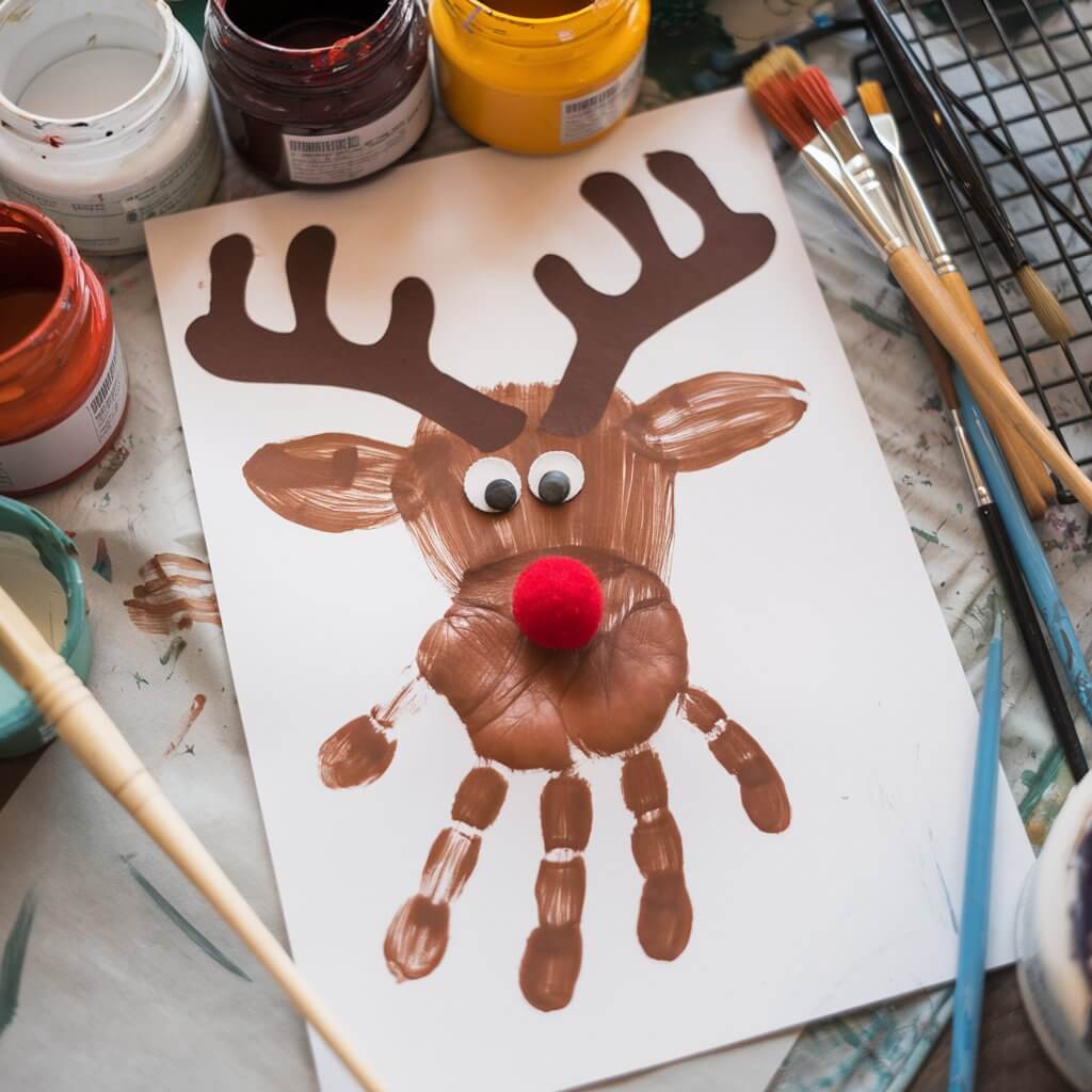 A photo of a brown handprint reindeer craft displayed on white paper. The reindeer is painted with brown paint, featuring googly eyes, a red pom-pom nose, and antlers traced from small hands. This vibrant craft is set among jars of paint, brushes, and a drying rack.