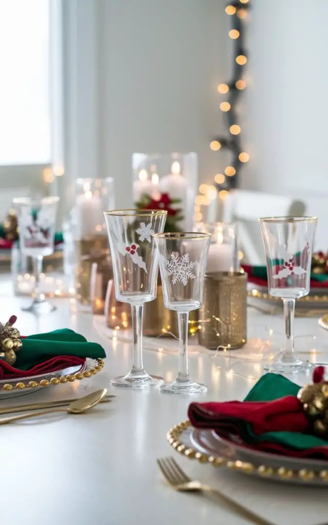 A bright dining room with a Christmas dining table. The table is set with holiday-themed glassware etched with holly and snowflake designs. The glasses are paired with red and green napkins and a gold-accented centerpiece. Fairy lights and candles are placed around the room, enhancing the cozy and celebratory atmosphere.