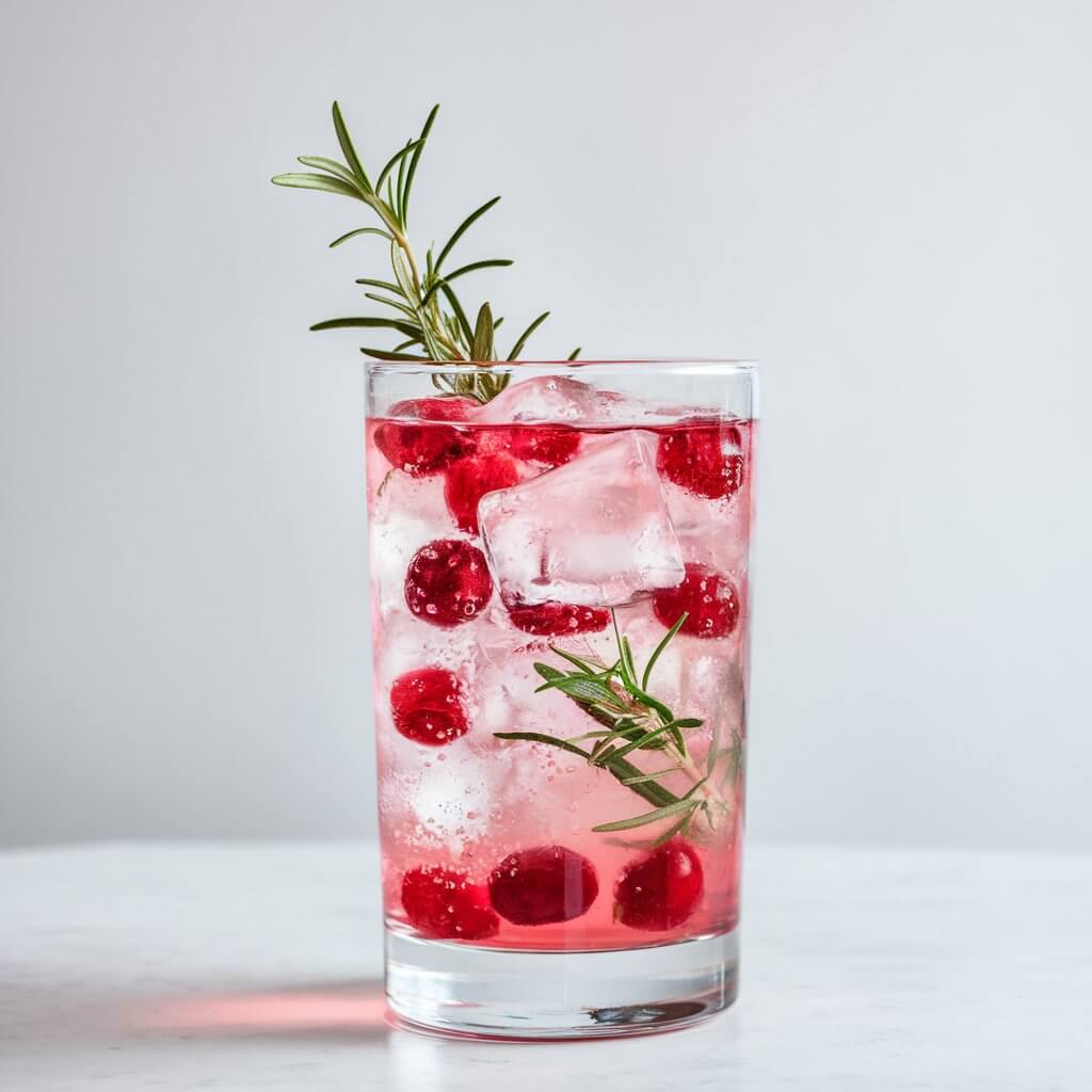 A photo of a festive gin and tonic in a clear, highball glass filled with ice and tinted a soft pink from a splash of cranberry juice. Fresh cranberries float among the ice cubes, and a sprig of rosemary sits elegantly on top, adding a touch of green and an aromatic garnish. The glass is set against a plain white table. The drink looks bright, refreshing, and vibrant.