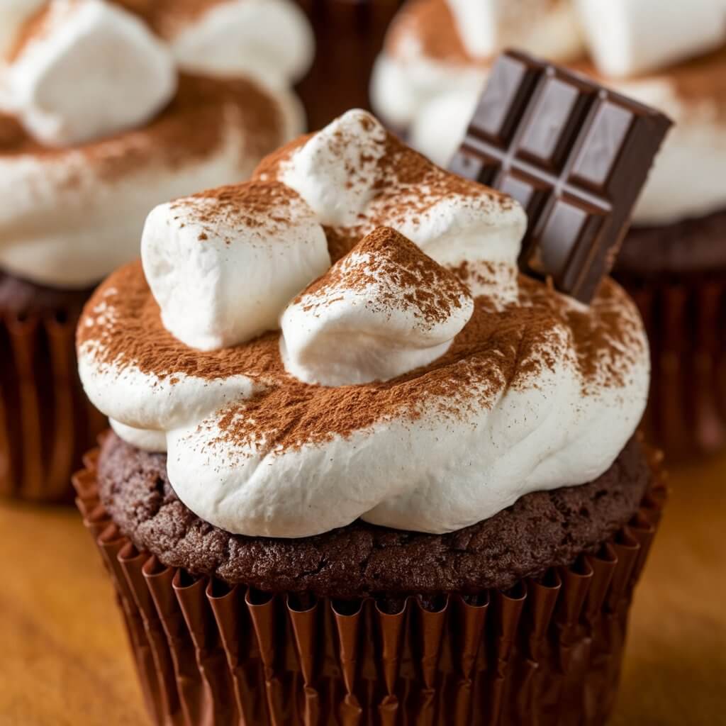 A photo of a rich chocolate cupcake with fluffy marshmallow frosting. The cupcake is topped with mini marshmallows and cocoa powder. The frosting has a soft, cloud-like appearance. The cupcake sits in a warm, deep brown liner. A mini chocolate bar piece is placed on the side of the frosting to mimic hot cocoa toppings.