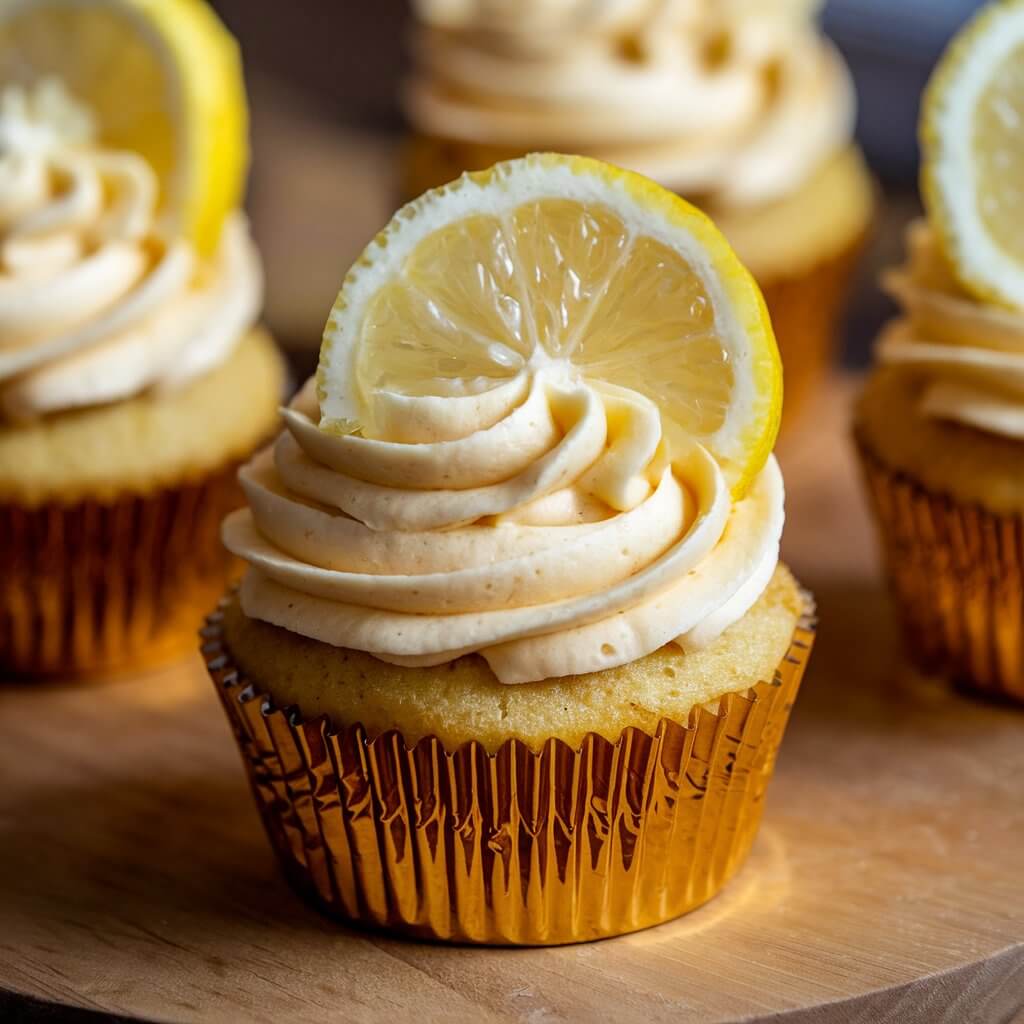 A photo of a whiskey and lemon infused cupcake. The cupcake is in a gold wrapper. The cupcake is topped with honey frosting and garnished with a candied lemon slice. The frosting has a soft, honey-colored hue. The background is a wooden board.