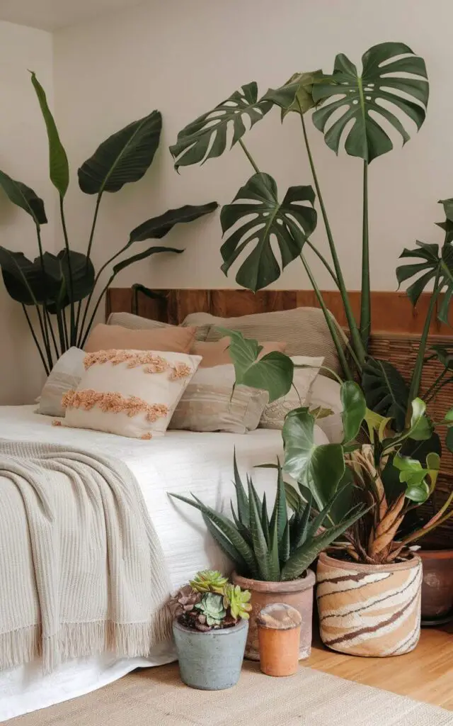 A photo of a lush boho bedroom with a cozy bed surrounded by an array of potted indoor plants. The greenery, including a tall monstera and a cluster of small potted succulents, brings life and vibrancy to the earthy color palette. The bed is layered with cozy blankets and pillows. Natural wood accents and soft lighting create a peaceful, bohemian oasis that feels connected to nature.