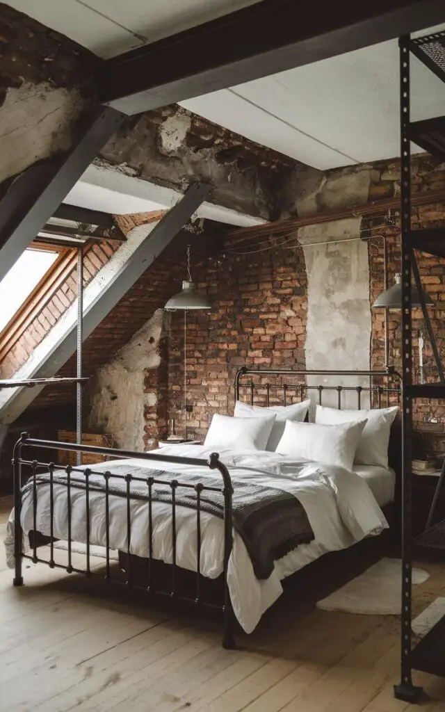 An industrial-style attic bedroom with exposed brick walls and metal accents. The very cozy bed, with crisp white bedding and a metal bed frame, contrasts with the raw, unfinished textures of the walls. Pendant lighting and metal shelving complete the look.