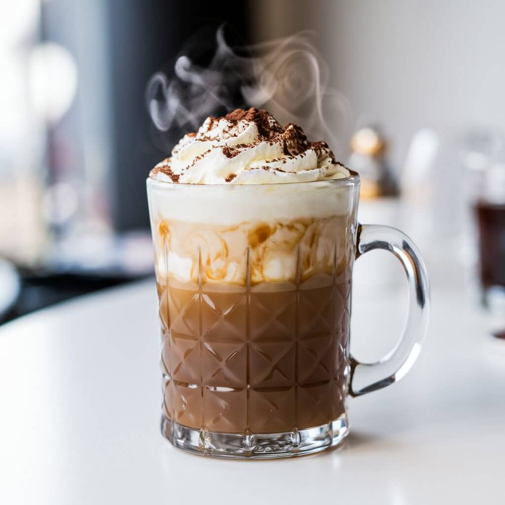 A photo of a steaming Irish coffee cocktail in a clear glass mug. The drink has a rich coffee color and is topped with a thick layer of whipped cream. The mug has a sprinkle of cocoa powder and sits on a bright white table. The background is blurred and contains a few other objects.