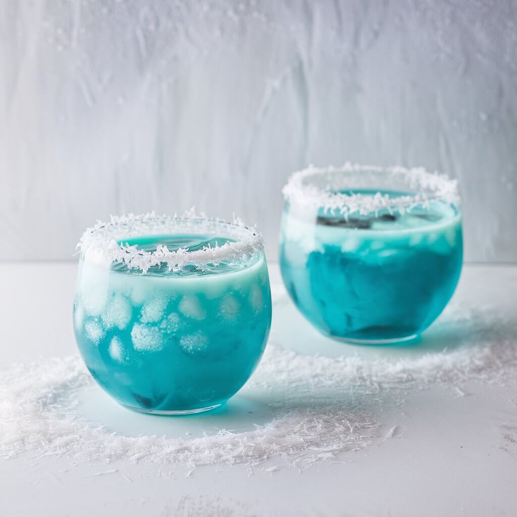 The image shows two icy Jack Frost cocktails in round, stemless glasses set against a bright white, minimalist background, which creates a striking contrast with the vibrant blue color of the drinks. Each glass is filled with a thick liquid slushy ice, in a bright turquoise shade, giving the drinks a frosty and festive appearance, reminiscent of a winter wonderland. The rims of the glasses are decorated with a white coconut garnish, adding a snowy effect, with shreds of coconut flaking off onto the surface around the drinks. The creamy blue texture of the cocktails suggests a blend of ice and creamy ingredients, likely giving a smooth, slushy consistency. The drink is placed on a white winter table.