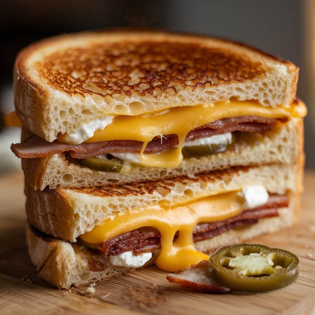 A close-up shot of a thick, golden-brown grilled cheese sandwich cut in half and stacked. The bread has a crispy, toasted surface with a golden crust, while the inside reveals a generous layer of melted cheddar cheese oozing out. Between the layers, slices of grilled jalapeños are visible, their skins slightly charred, and bits of creamy white cheese, possibly cream cheese, are spread within the sandwich. A piece of grilled bacon is also nestled between the cheese and jalapeños, adding texture and flavor. A small piece of the filling, including jalapeño with melted cheese, has fallen out and rests on the wooden cutting board where the sandwich is placed. The background is blurred, drawing focus to the grilled cheese sandwich, with lighting highlighting the warm, gooey, and savory nature of the dish.