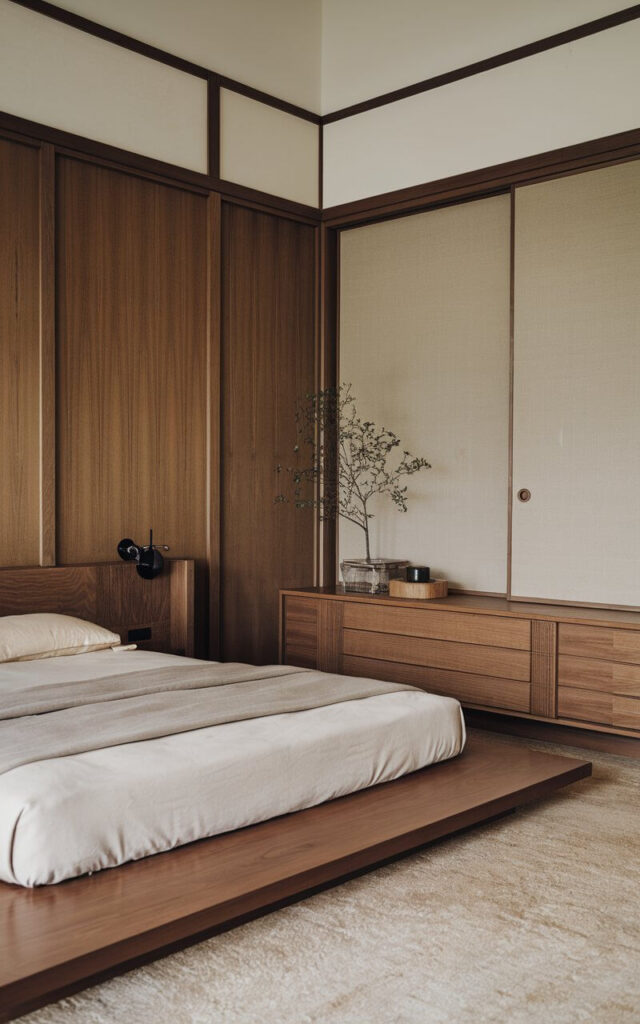 A Japandi bedroom with a low-profile platform bed and a low wooden dresser. The room has clean lines and a clutter-free design. The walls have wooden panels and there's a small plant near the dresser. The room has a soft beige rug.