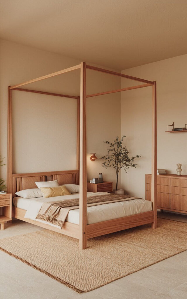 A serene Japandi-style bedroom with warm-toned natural wood furnishings. The room features a low-profile oak bed frame, wooden nightstands, and a simple dresser. The walls are painted in a soft beige hue. There is a potted plant near the nightstand. The floor is covered with a large woven rug. The room has a few minimalist decor items, such as a wall shelf and a small plant pot. The lighting is warm and soft.