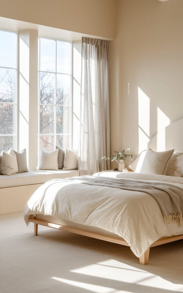 A serene Japandi bedroom with soft beige walls, off-white bedding, and light gray accents. The bed features a simple wooden frame. The room is flooded with natural light from large windows. Neutral tones create a calming atmosphere, complemented by minimalist decor and natural materials.