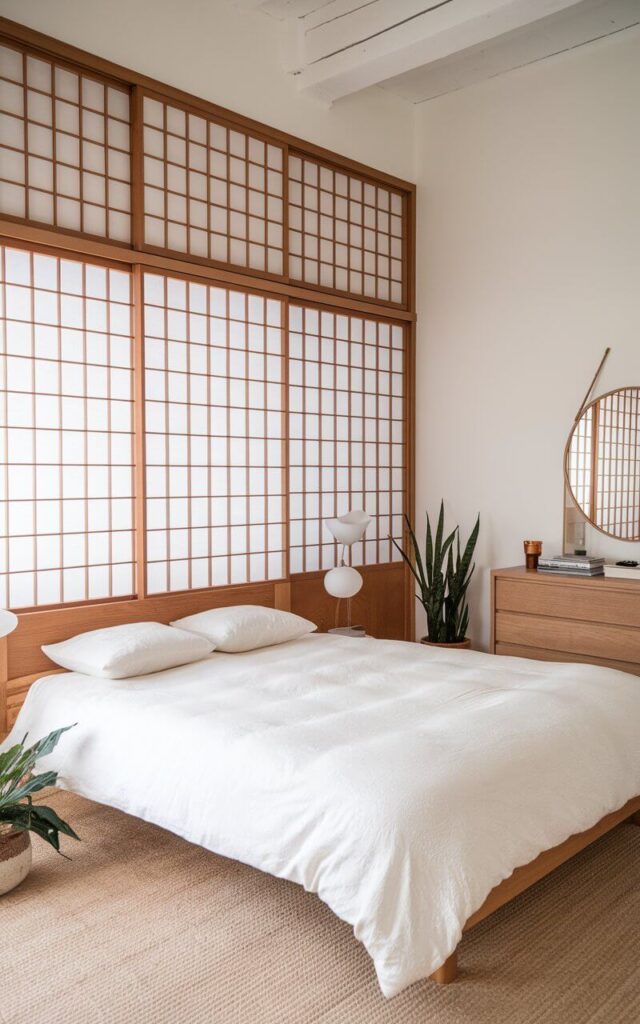 A full image of a Japandi bedroom with traditional Japanese shoji screens used as sliding wardrobe doors. The screens are made of translucent paper and light wood, allowing soft light to filter through while adding texture and authenticity to the minimalist design. The bedroom features a queen-size bed with a white duvet and two matching pillows. A wooden dresser with a mirror stands against one wall. The floor is covered with a beige rug. A potted plant sits on the floor next to the bed.