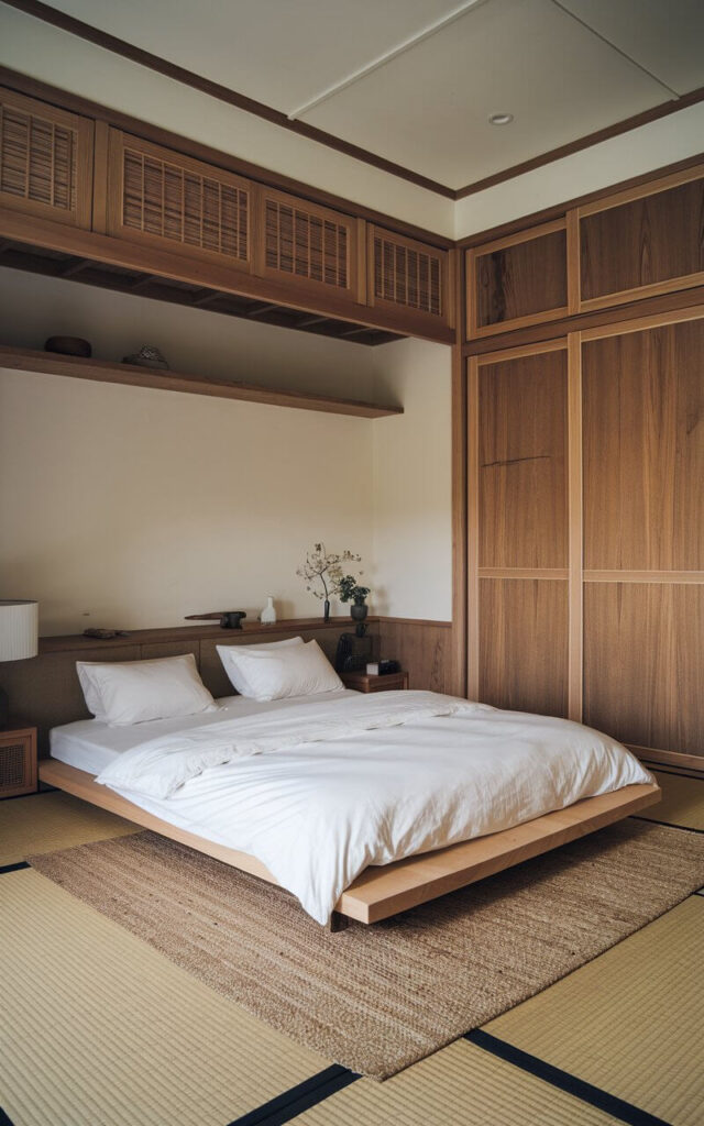 A Japandi-style bedroom with a neutral-colored jute area rug and traditional tatami mats on the floor. The room contains a wooden platform bed with a white duvet and two white pillows. The bed is placed on a jute area rug, which is placed on top of the tatami mats. There is a wooden nightstand with a white lampshade on the left side of the bed. The wall above the bed has a wooden shelf with a few items. The room has a large wooden cabinet on the right side, which serves as storage and decoration. The overall room has a calming, nature-inspired feel.