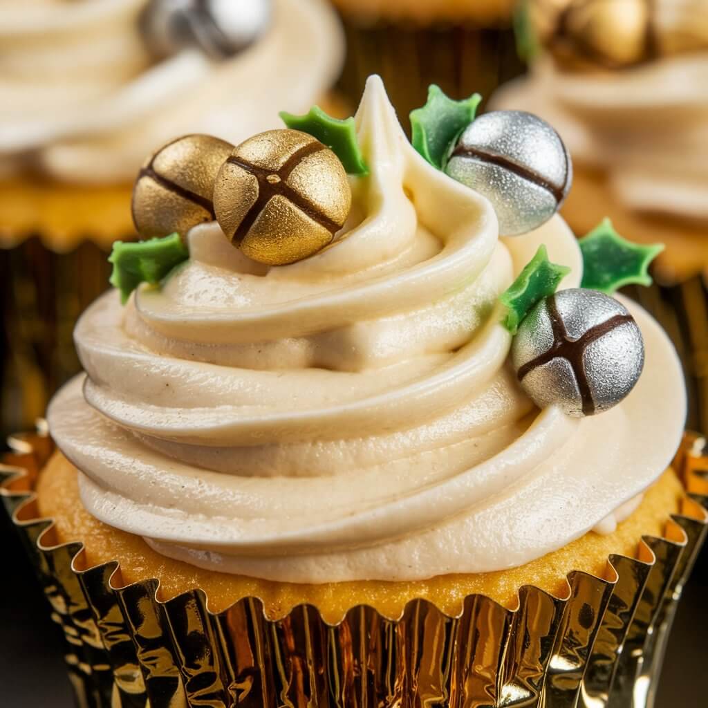 A close-up shot of a shiny, creamy-looking cupcake decorated with small, edible "bells" made from metallic candies in gold and silver. The frosting is smooth and subtly shimmering. The cupcake liner is gold, matching the metallic theme. Small holly leaves are added around the edges.