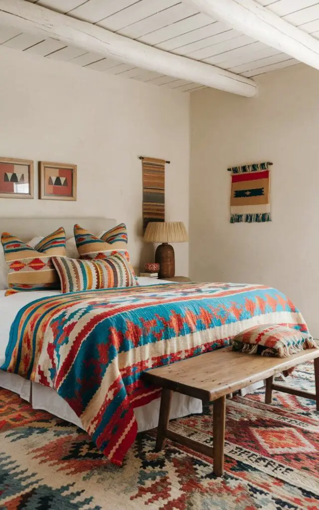 A Southwestern bedroom with a cozy bed dressed in kilim-patterned bedding. The vibrant geometric design of the bedspread adds color and character, while the surrounding neutral tones balance the space. A wooden bench at the foot of the bed adds to the rustic charm.