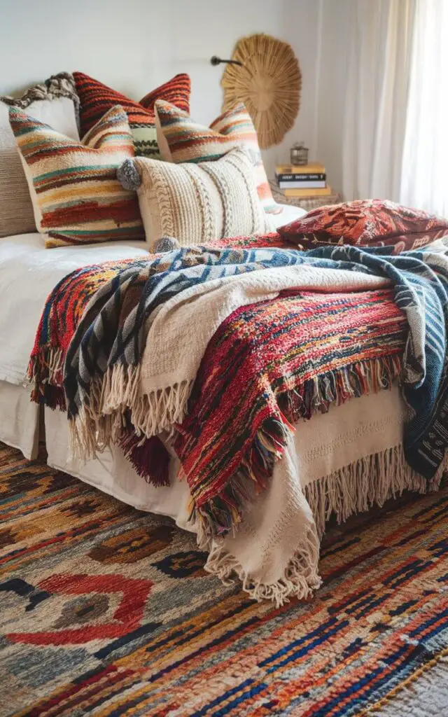 A photo of a boho bedroom with a cozy bed adorned with layers of eclectic textiles, including blankets, throws, and plush pillows in vibrant, mismatched patterns. Each layer brings a unique texture, with woven knits, embroidered details, and fringed edges creating depth. The patterned rug beneath the bed adds additional color, while a mix of decorative throws completes the inviting look. Soft lighting illuminates the textiles, amplifying the room's cozy, boho ambiance.