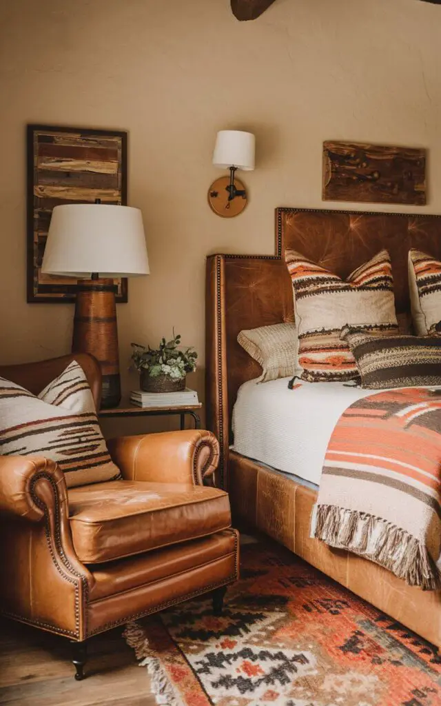 A Southwestern bedroom with leather accents, including a leather armchair beside a cozy bed. The bed is dressed in warm, neutral tones with patterned pillows. The rich texture of the leather adds sophistication and rustic charm to the room's design.