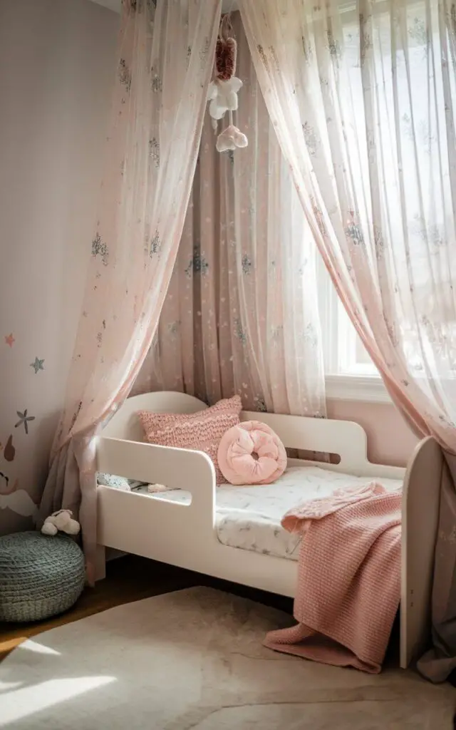 A photo of a small toddler bedroom with light, sheer curtains that softly filter natural light into the room. The cozy toddler bed design is framed by these airy, pastel curtains, adding both privacy and a breezy, whimsical touch to this comfortable sleeping space.