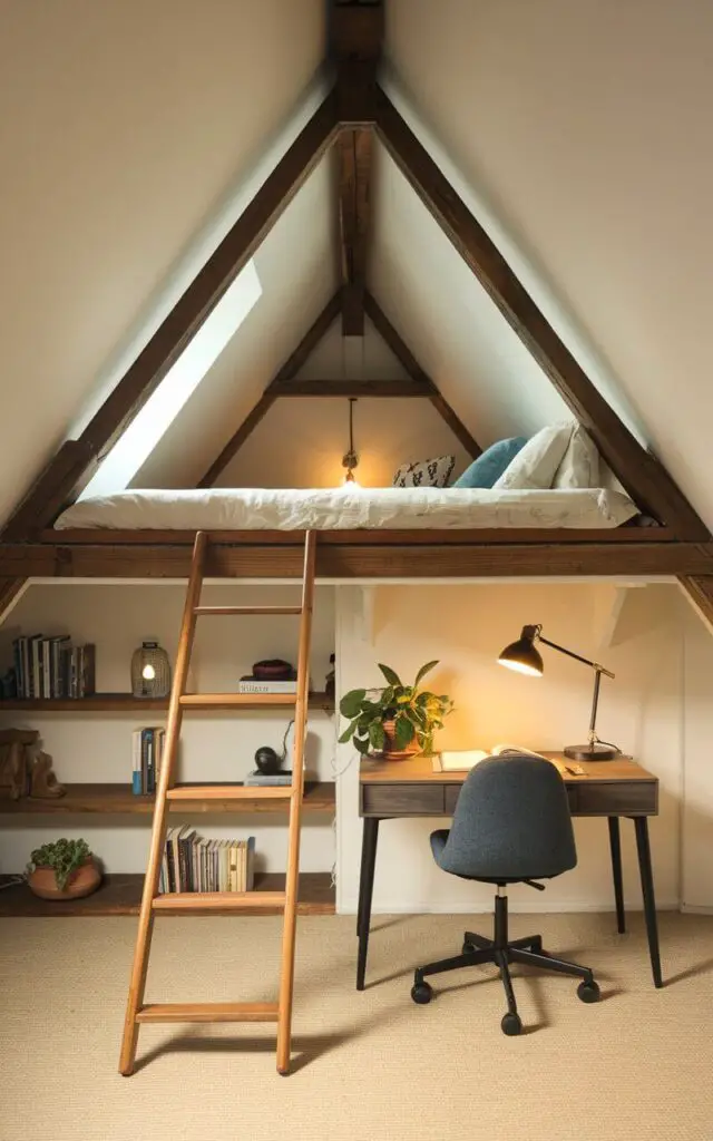 A photo of a creative attic bedroom with a raised loft bed positioned high against a slanted ceiling. The very cozy bed, accessed by a ladder, is tucked into the loft space, while the floor below is used for a small reading area and a modern desk. The room has a warm and cozy ambiance with a few personal items, such as a lamp, a potted plant, and a few books.