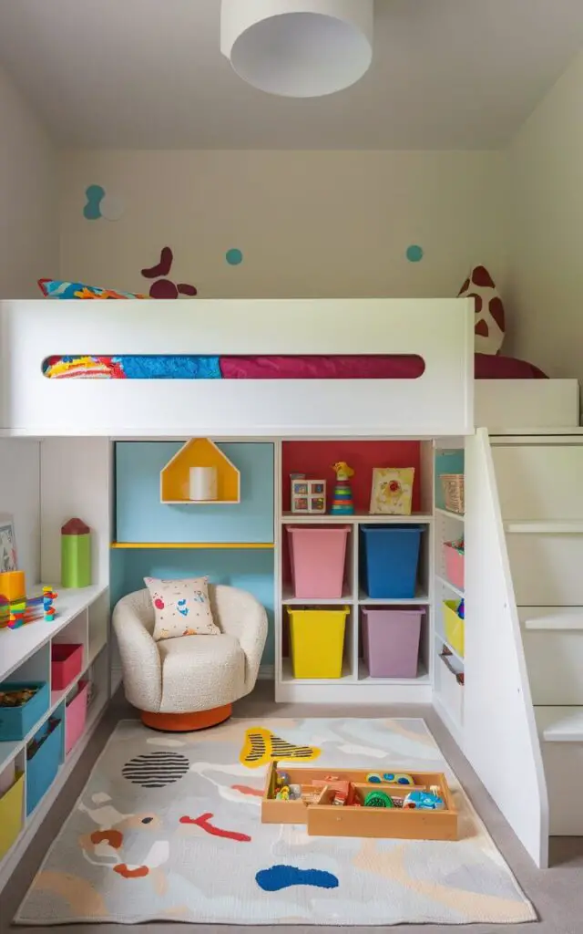 A photo of a small toddler bedroom with a white loft bed placed against the wall. Below the loft, there's a play area with a rug, storage bins, and a small reading nook with a cozy chair. The room features bright, playful colors, making it a fun yet functional space for a toddler.