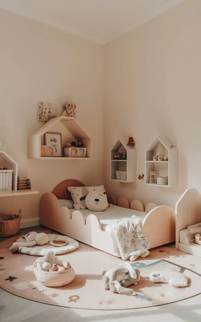 A photo of a small toddler bedroom with low, safe furniture. In the center is a cozy toddler bed with rounded edges. Surrounding the bed are a soft rug and small shelves for toys. The walls are painted in a soft pastel color. The room is brightly lit.