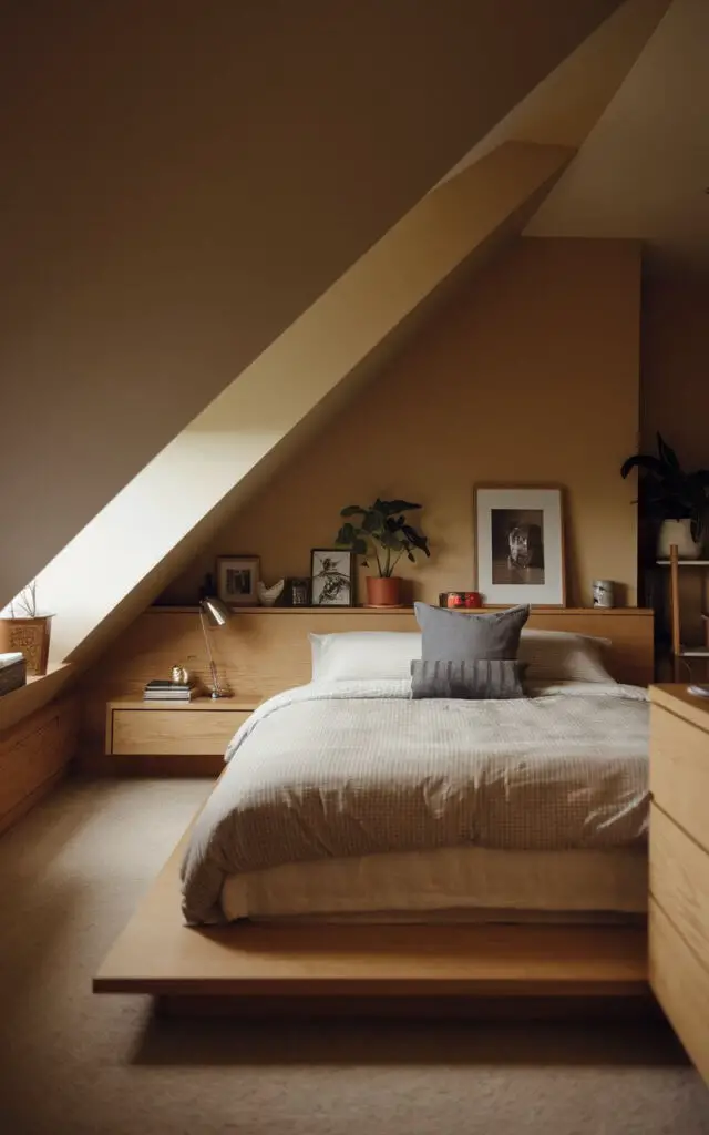 A photo of a sleek attic bedroom with a low-profile platform bed and a short dresser. The cozy bed, with minimal bedding, fits comfortably under the sloped ceiling. The modern, low furniture maximizes headroom and floor space. There is a reading lamp on the bedside table. The room has a few personal items, such as a framed photo and a potted plant. The walls are painted in a warm hue.