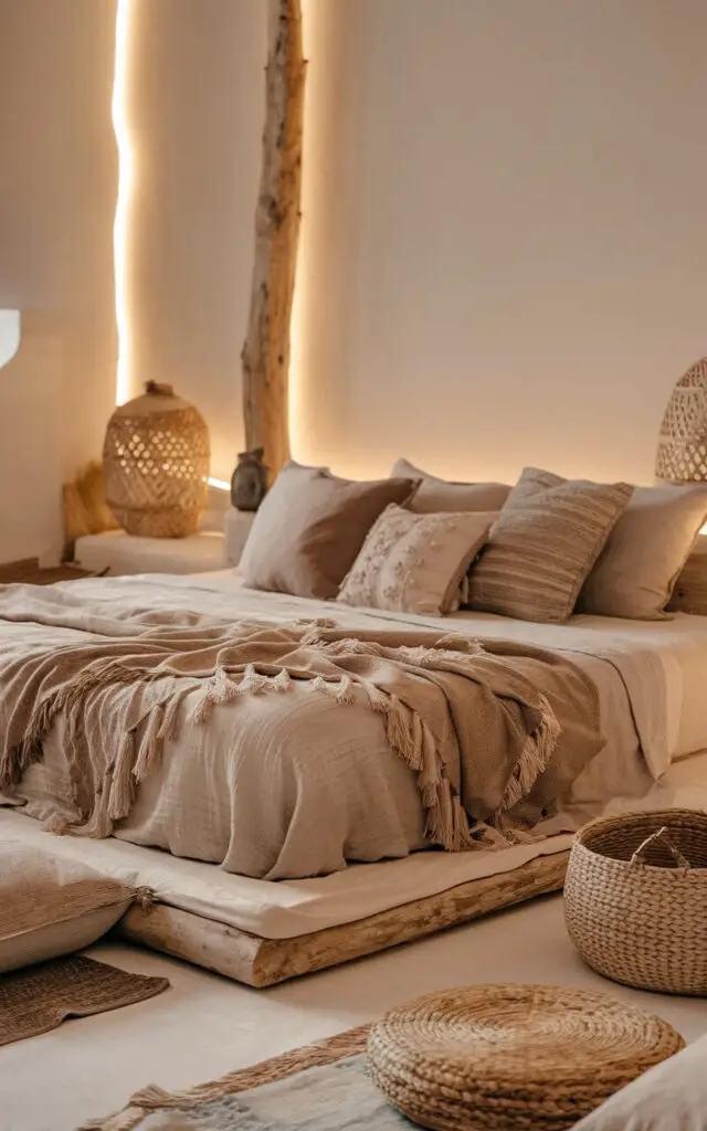 A close-up photo of a boho bedroom with a low-profile bed. The bed is placed low to the ground and is covered with layered bedding in muted earthy tones. There are woven baskets and floor cushions nearby. The room has soft ambient lighting and natural wood accents. The overall atmosphere is calm and effortlessly bohemian.