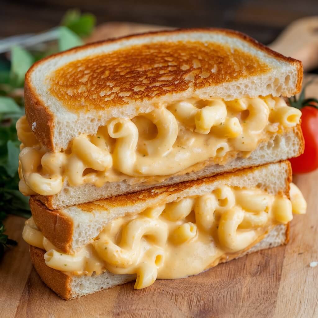 A photo of a grilled cheese sandwich stuffed with creamy mac and cheese. The sandwich is cut in half, revealing the gooey, indulgent mac and cheese filling. Some of the cheesy pasta is spilling out from between the golden, buttery bread. The background is a wooden board. There are some green leaves and a cherry tomato beside the sandwich.