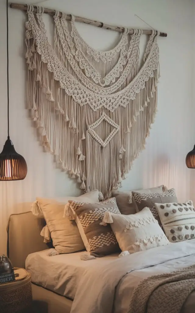 A serene boho bedroom with a cozy bed against a backdrop of intricate macramé wall art. The wall hanging spans almost the entire width of the bed, creating a focal point. The room features a mix of patterned and plain cushions in muted tones, adding softness to the look. Gentle, dim lighting from pendant lamps creates a calm and inviting atmosphere. The pendant lights are positioned on the right side and left side of the bed.