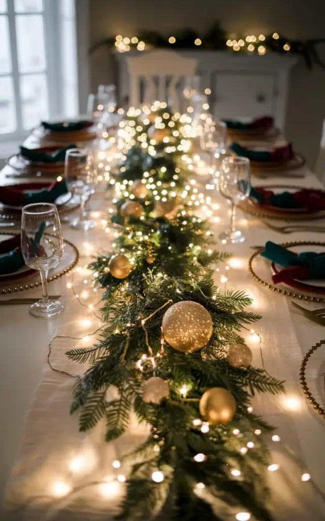 A photo of a Christmas dining table in a softly lit dining room, illuminated by delicate fairy lights draped along the table runner. The twinkling lights are woven through evergreen branches and golden baubles, creating a magical and enchanting effect. The warm glow complements the festive table setting of red and green napkins, candles, and polished dinnerware.