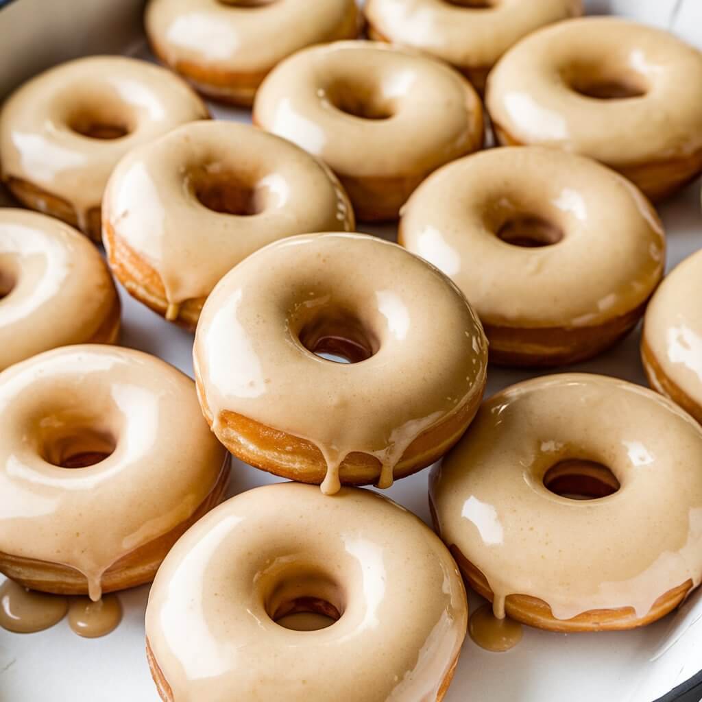 A photo of a platter of warm, cream-colored maple-glazed donuts. Each donut has a shiny, sticky maple glaze dripping down the sides. The donuts are arranged in a white tray. The background is simple, allowing the donuts to stand out.