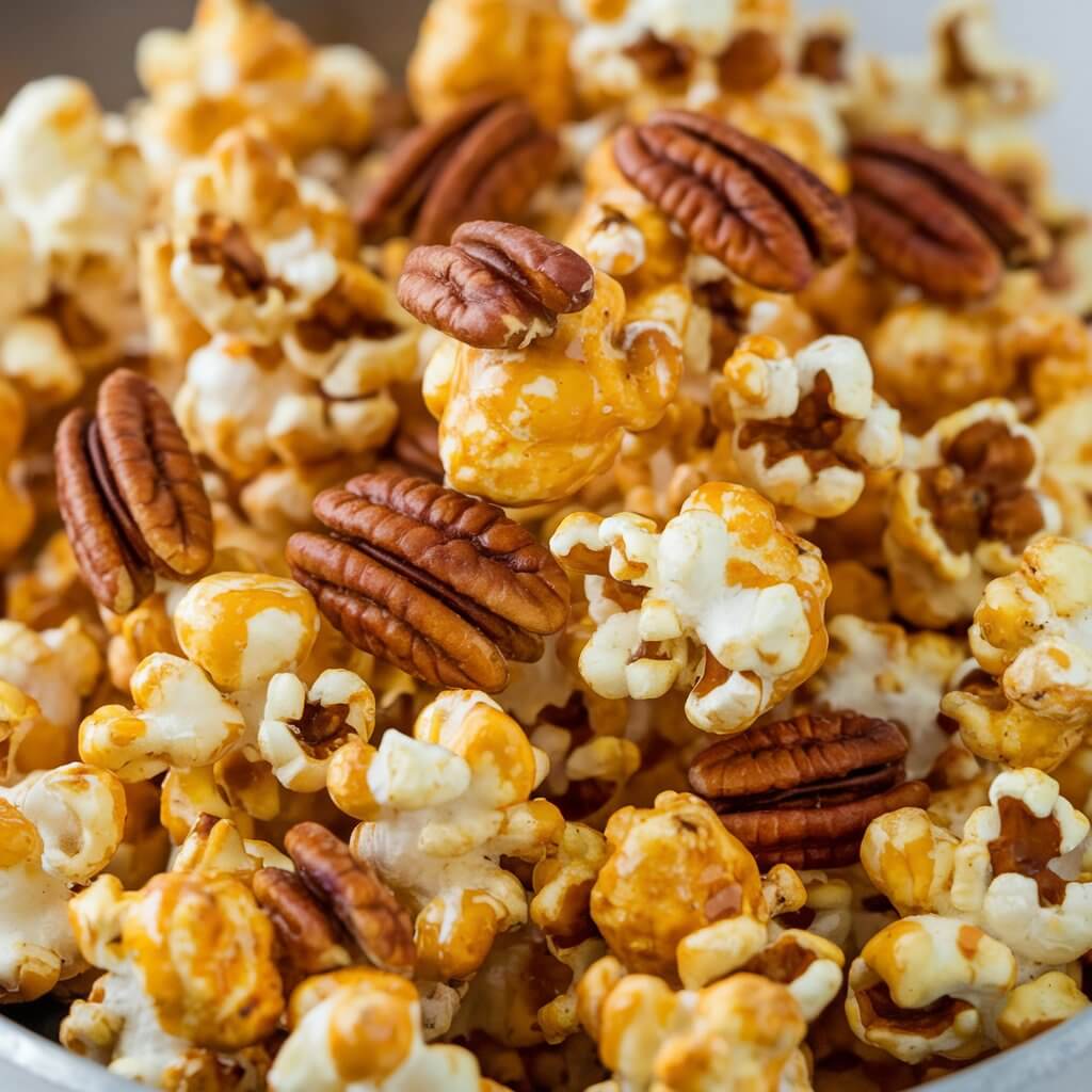 A photo of a bowl of maple pecan popcorn. Each popcorn piece is coated in a shiny maple syrup glaze and tossed with roasted pecans. The popcorn is slightly golden from the syrup, and the clusters of pecans add a crunchy, nutty contrast.