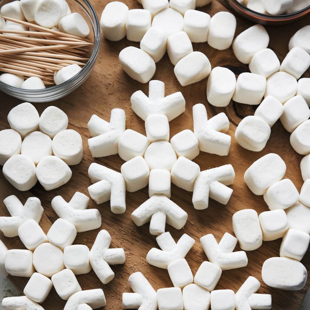 A close-up view of edible snowflake crafts made from marshmallows and toothpicks. The snowflakes are arranged in geometric shapes, with some stacked on top of each other. There are small bowls of marshmallows and toothpicks nearby. The background is a wooden board.