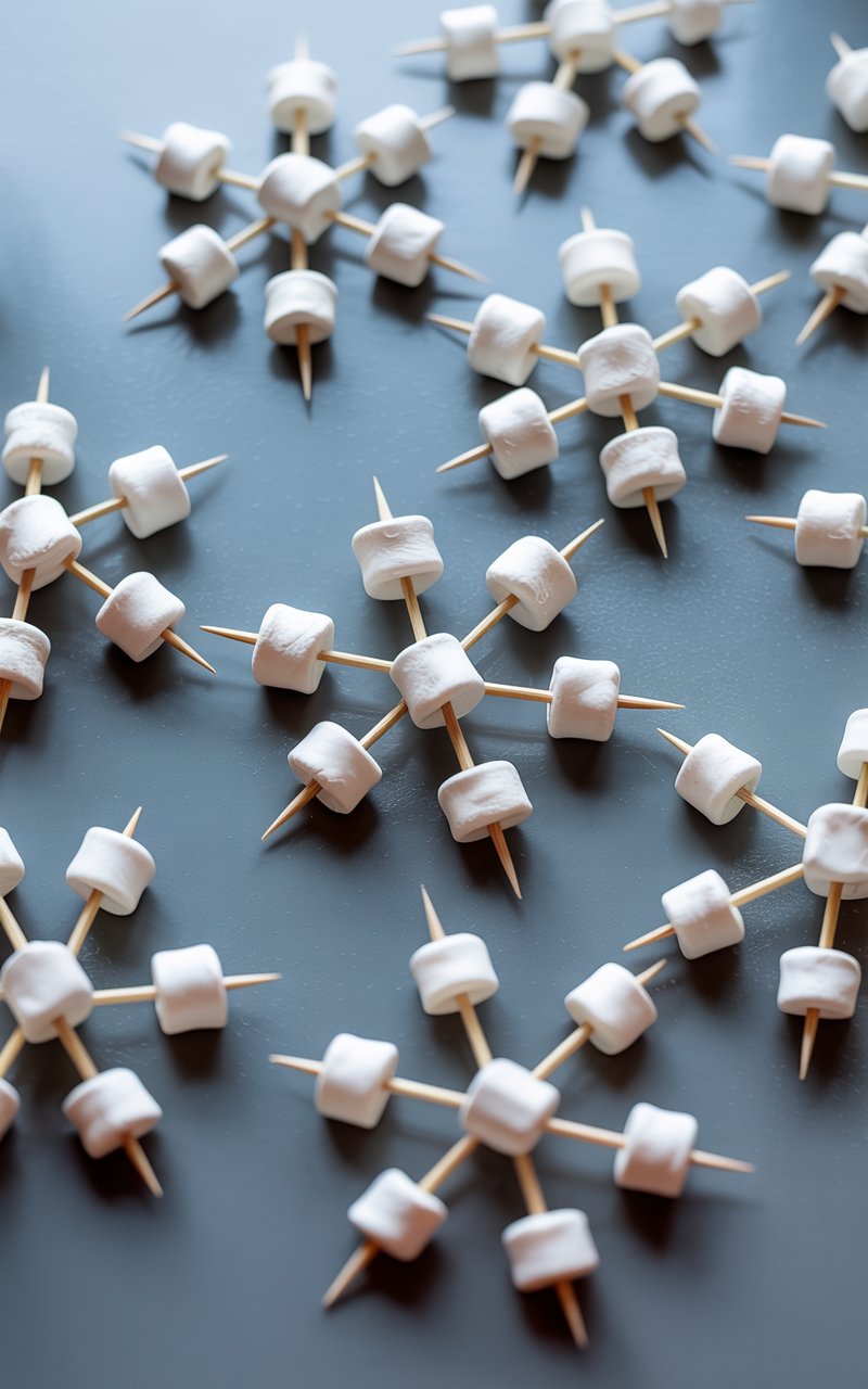 A close-up photograph of delicate edible snowflake crafts arranged on a smooth gray tabletop. The snowflakes are meticulously constructed from fluffy white mini marshmallows connected by wooden toothpicks, creating intricate six-pointed geometric patterns that mimic real ice crystals. Each snowflake displays unique designs with varying sizes of marshmallows forming the points and intersections, casting subtle shadows on the matte gray surface. Soft, even lighting illuminates the scene from above, highlighting the texture of the marshmallows and creating a clean, minimalist composition perfect for a winter craft tutorial.