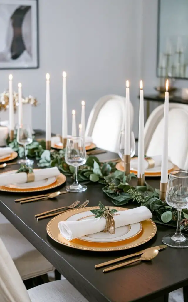 A photo of a sleek Christmas dining table in a modern dining room. The table is set with gold metallic accents, including chargers, napkin rings, and flatware. The table is also adorned with white candles and greenery. The metallic touches create a refined yet festive atmosphere, perfect for a holiday dinner.