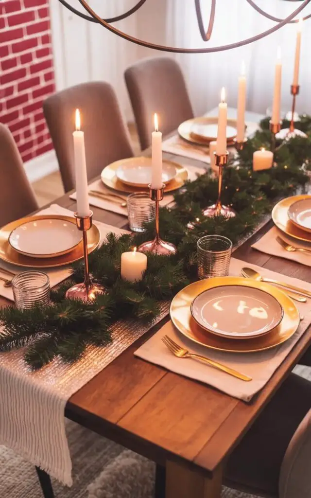 A rectangular dining table stands in a spacious room, its surface adorned with a minimalist Christmas arrangement. Gold-rimmed ceramic plates sit atop linen placemats alongside copper candleholders holding ivory taper candles and polished silver flatware neatly aligned. A silver fabric runner with a subtle ribbed texture extends across the table's width, reflecting the overhead light. Six neutral gray upholstered dining chairs are evenly spaced around the table, positioned on a light-colored hardwood floor with a large, ornate chandelier hanging directly above.