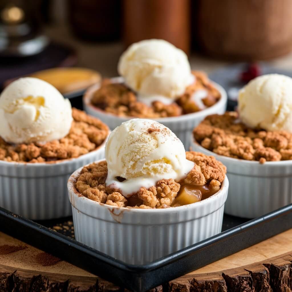 A tray of mini apple crumbles with a scoop of melting vanilla ice cream on top of each crumble. The cinnamon-spiced apple filling bubbles beneath a golden, buttery crumb topping. The ramekins are placed on a wooden board. There's a sprinkle of cinnamon on top of the crumble. The background is blurred, showing a rustic setting with wooden elements.