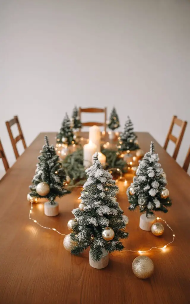 A photograph of an elegantly arranged dining room featuring a polished wooden table adorned with a minimalist Christmas centerpiece. Several mini Christmas trees, each standing about twelve inches tall, are perfectly positioned across the table's length, dusted with pristine faux snow and decorated with delicate gold baubles and softly glowing fairy lights that create a warm amber glow. Simple wooden dining chairs are symmetrically placed around the table, while white pillar candles and sprigs of fresh evergreen greenery are nestled between the miniature trees. The scene captures refined holiday elegance with soft natural lighting filtering through the room, creating a cozy yet sophisticated Christmas atmosphere that balances minimalist design with festive warmth.