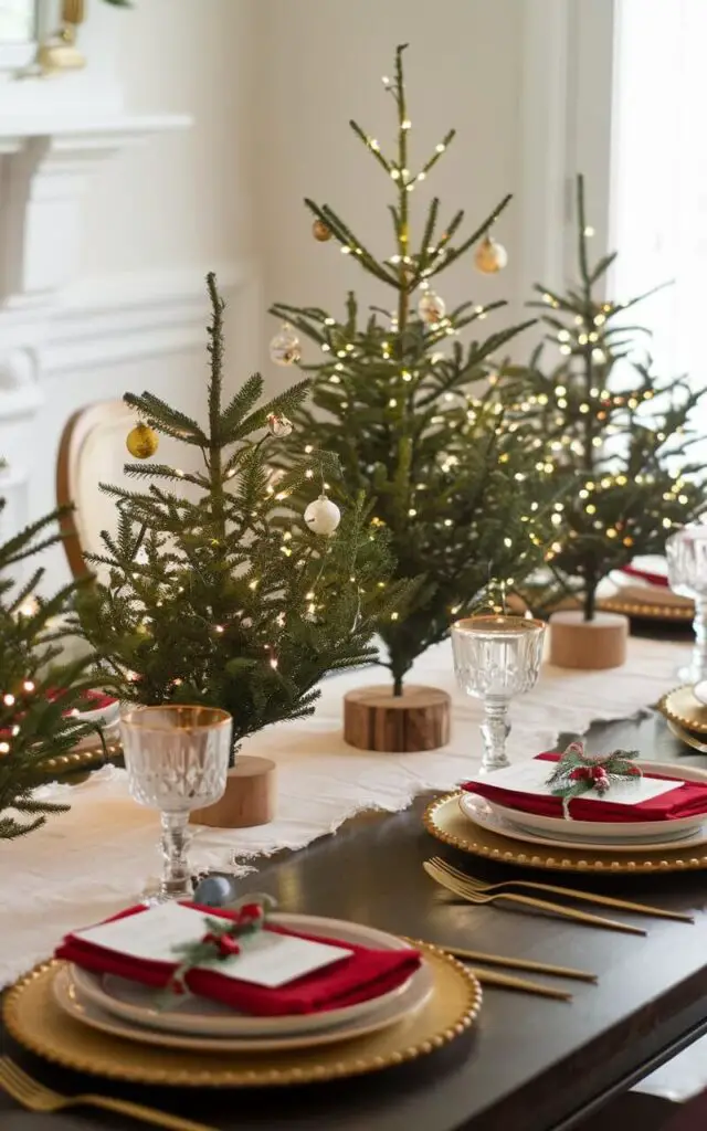 A charming Christmas dining table in a cozy dining room. The table is set for a festive meal with several mini Christmas trees as part of the centerpiece. The trees are decorated with tiny ornaments and fairy lights, adding a whimsical touch to the table. The surrounding place settings feature festive red napkins, gold flatware, and white dinnerware, all contributing to the joyful holiday atmosphere.