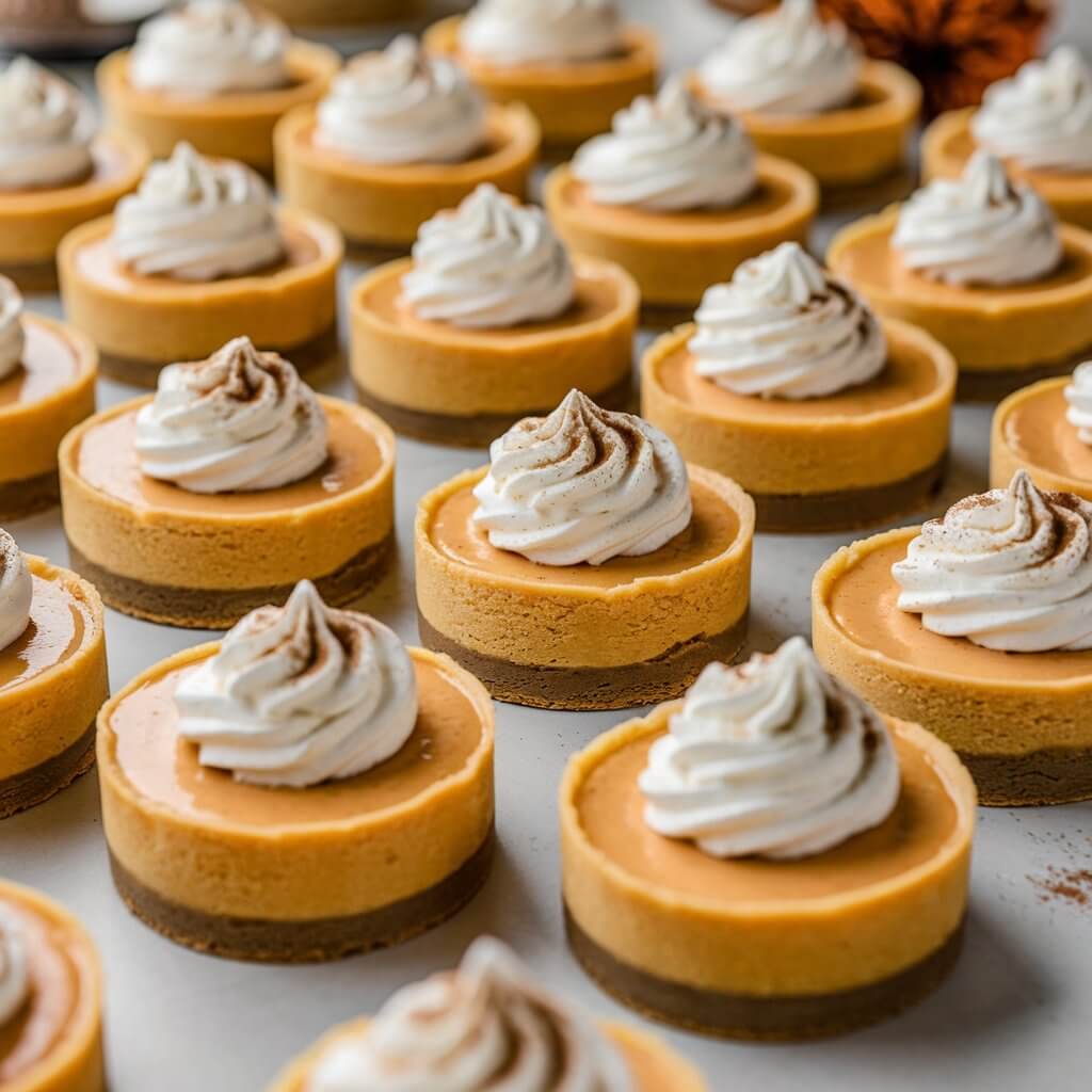 A photo of a table filled with mini pumpkin cheesecakes. Each cheesecake is perfectly portioned and has a golden graham cracker crust. The creamy orange pumpkin filling is topped with a swirl of whipped cream and a sprinkle of cinnamon, adding a festive fall touch.