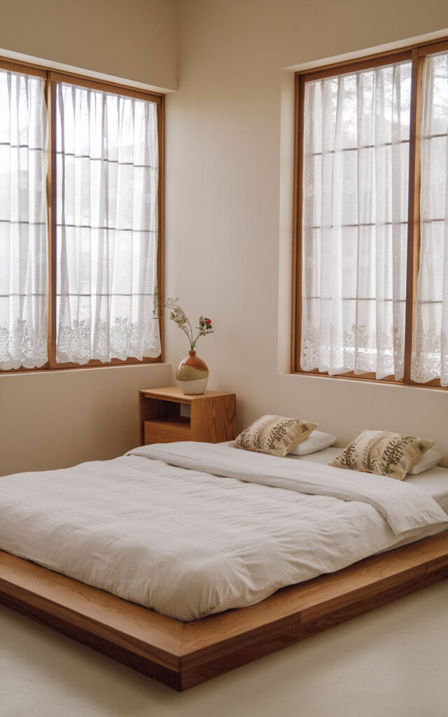 A photo of a Japandi bedroom with minimalist decor. The room features a wooden platform bed with a white duvet cover and two decorative pillows. There is a simple wooden nightstand next to the bed. The walls are painted in a soft beige hue. On the nightstand, there is a ceramic vase with a few flowers. The room has large windows with lace curtains.