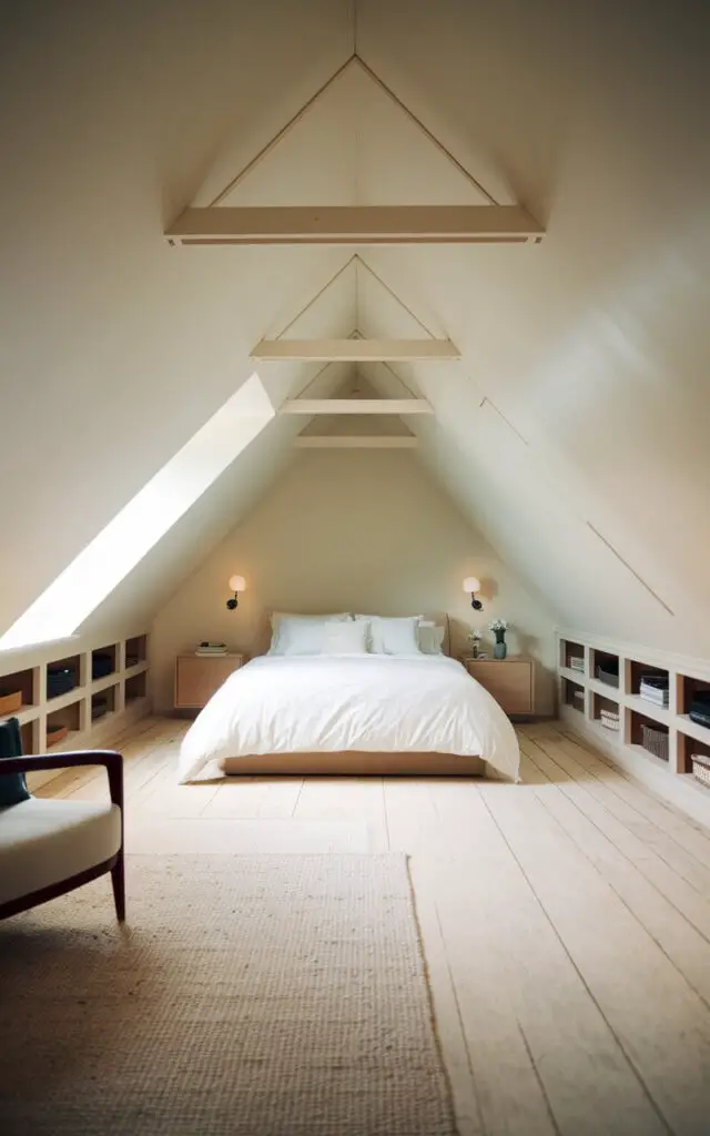 A photo of a minimalist attic bedroom with a sleek and uncluttered decor. The room has a cozy bed dressed in simple white linens, placed on a light-colored wooden floor. Custom-built storage under the eaves keeps the room functional and clutter-free, enhancing the minimalist look. The room has a few pieces of furniture, including a nightstand and a chair. The walls are painted in a soft hue.