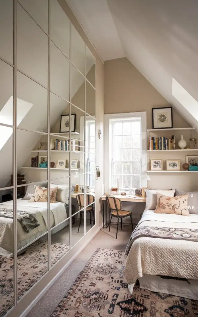 A photo of a cozy attic bedroom with large mirrors placed strategically on one wall. The mirrors reflect natural light from a nearby window, creating a bright and spacious ambiance. The room has a comfortable bed with soft bedding and decorative pillows. The walls are adorned with shelves holding books and decorative items. There is a small desk and chair in the corner. The floor is covered with a patterned rug.