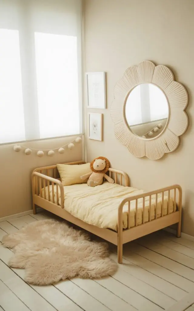 A photograph of a small, bright toddler bedroom featuring a cozy toddler bed as the focal point. The bed is styled with pale yellow bedding and a cuddly stuffed lion, resting on a fluffy cream-colored rug against a backdrop of light-colored wooden floors. A large, decorative mirror with a white scalloped frame hangs on the wall near the bed, reflecting soft natural light, and minimalist décor including a simple garland and framed illustrations add a touch of playfulness. Gentle, diffused sunlight streams through a nearby window, illuminating the space and creating a welcoming and expansive atmosphere.