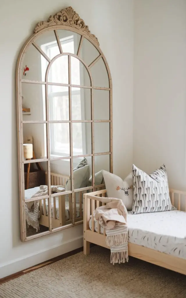 A photo of a small toddler bedroom with a large decorative mirror. The mirror is hung near a cozy toddler bed and reflects natural light, making the room feel more open. The mirror also serves as a fun and functional decor piece. The room has a simple design with minimal furniture.