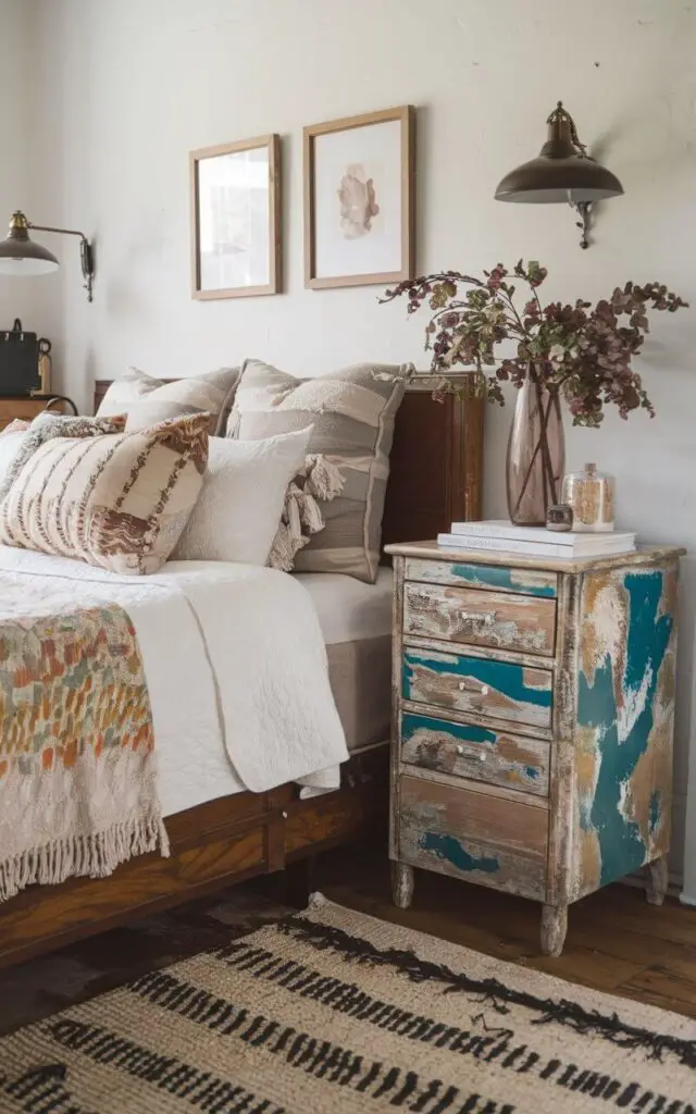 A photo of a boho-style bedroom with a cozy bed and mismatched nightstands. The bed has a vintage wood nightstand on one side and a painted, distressed nightstand on the other side. The room has layered bedding and a mix of textures, creating a warm, lived-in space with a relaxed and personal feel.