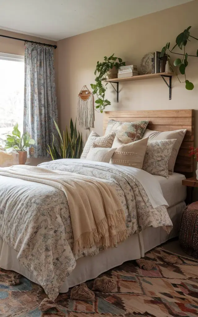 A photo of a bohemian bedroom with a cozy bed layered in mixed bedding. The bed is covered with a patterned quilt, soft throw blankets, and a variety of decorative pillows. The room has a wooden headboard, a wall-mounted shelf, and a few plants. There's a patterned rug on the floor. The walls are painted in a soft hue. The room has natural lighting through a window.