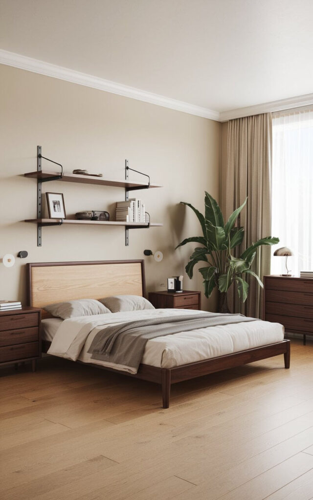 A Japandi-style bedroom with a mix of light oak and dark walnut furniture. The room features a light oak bed frame and dark walnut nightstands, dresser, and wall shelves. The bed has a light oak headboard with a dark walnut frame. The nightstands and dresser have dark walnut wood with a light oak top. The wall shelves are made of dark walnut wood. The room has a light oak flooring. The walls are painted in a soft beige color. There is a large potted plant near the window. The room has a few personal items, such as a lamp, a photo frame, and a small decorative object. The room has a large window with beige curtains.