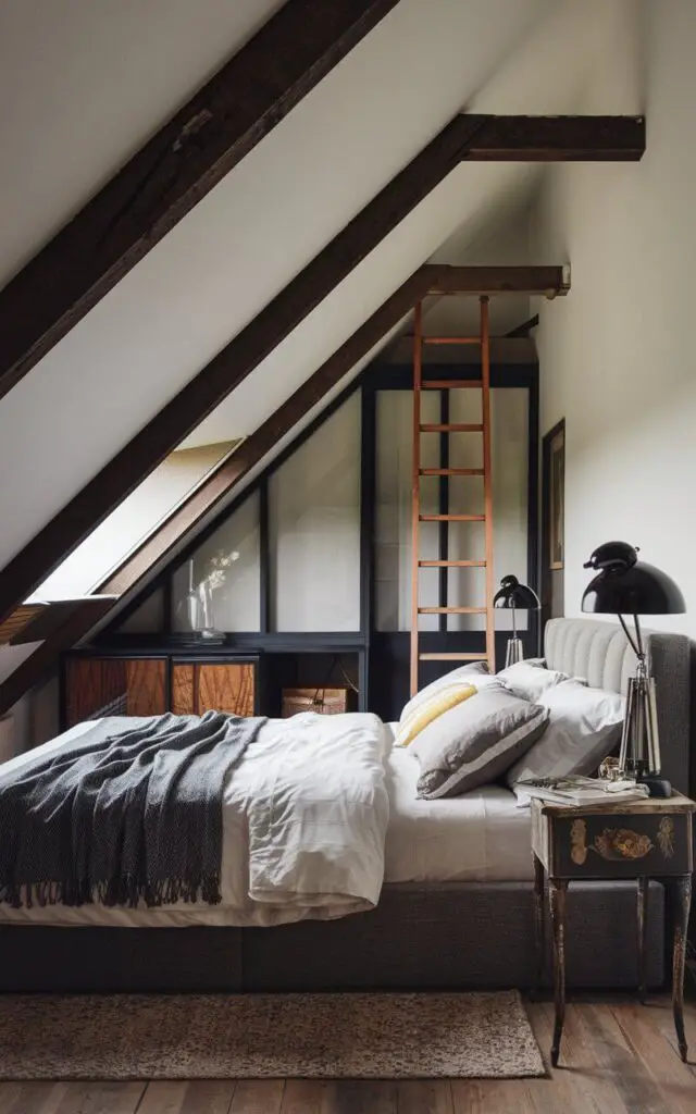 A stylish attic bedroom with a vintage and modern design blend. A cozy bed with modern linens sits under a sloped ceiling. The room combines sleek lines with antique touches for a balanced, eclectic look. The room features a modern lamp on a vintage bedside table. A wooden ladder leans against the wall, leading to a hidden storage space.